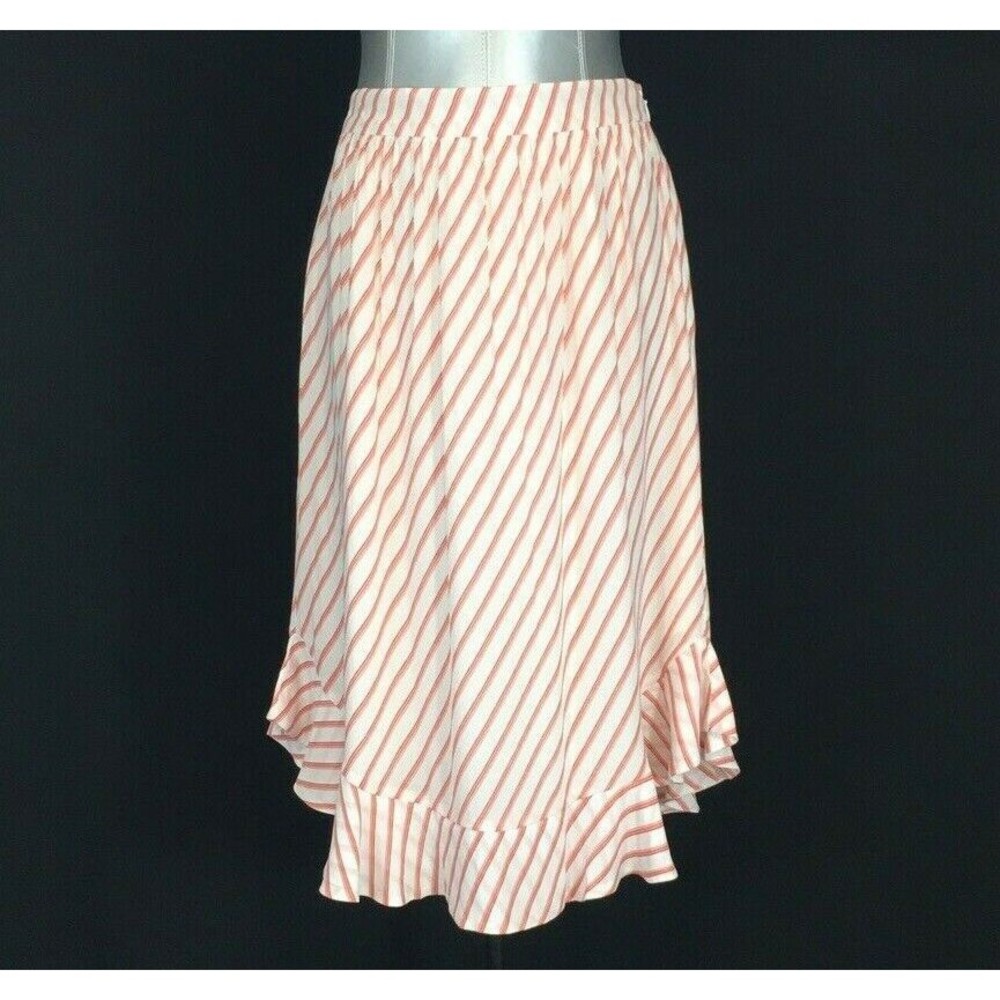NEW Ann Taylor 4 Skirt White Red Peach Stripe Flirty Ruffle U Shape Hem Lined Sm